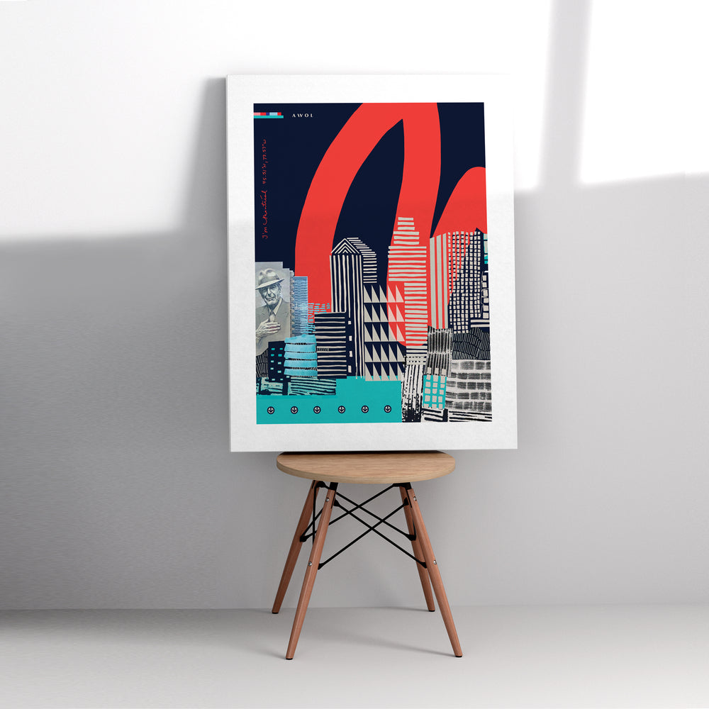 Modern Montreal Skyline, Graphic City Art Print With Leonard Cohen and Skyscrapers: Canvas Print