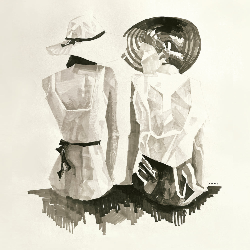 
                      
                        Mediterranean Elegance: Two Women In Hats On The Beach Looking At The Sea, Large Monochrome Canvas Art
                      
                    