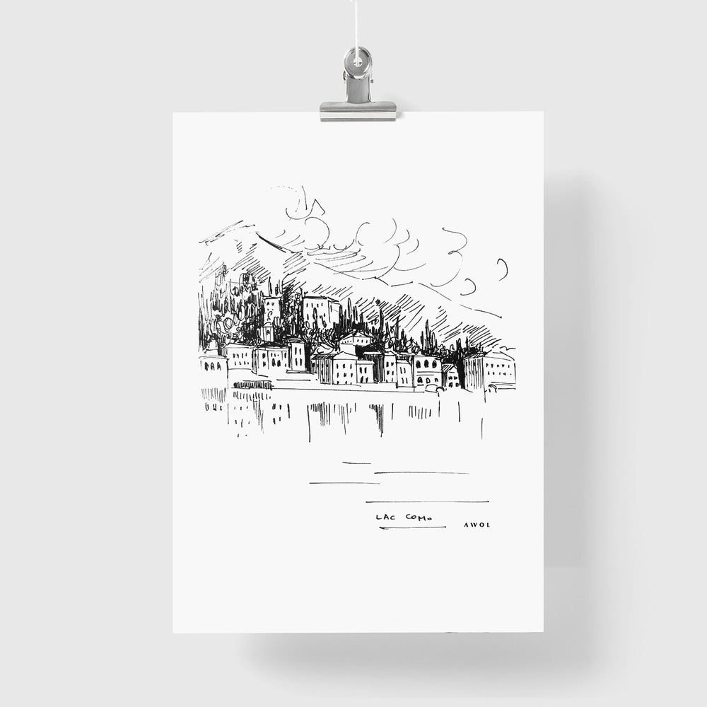 Lake Como, Italy Landscape Art With Mountain Town: Poster Print