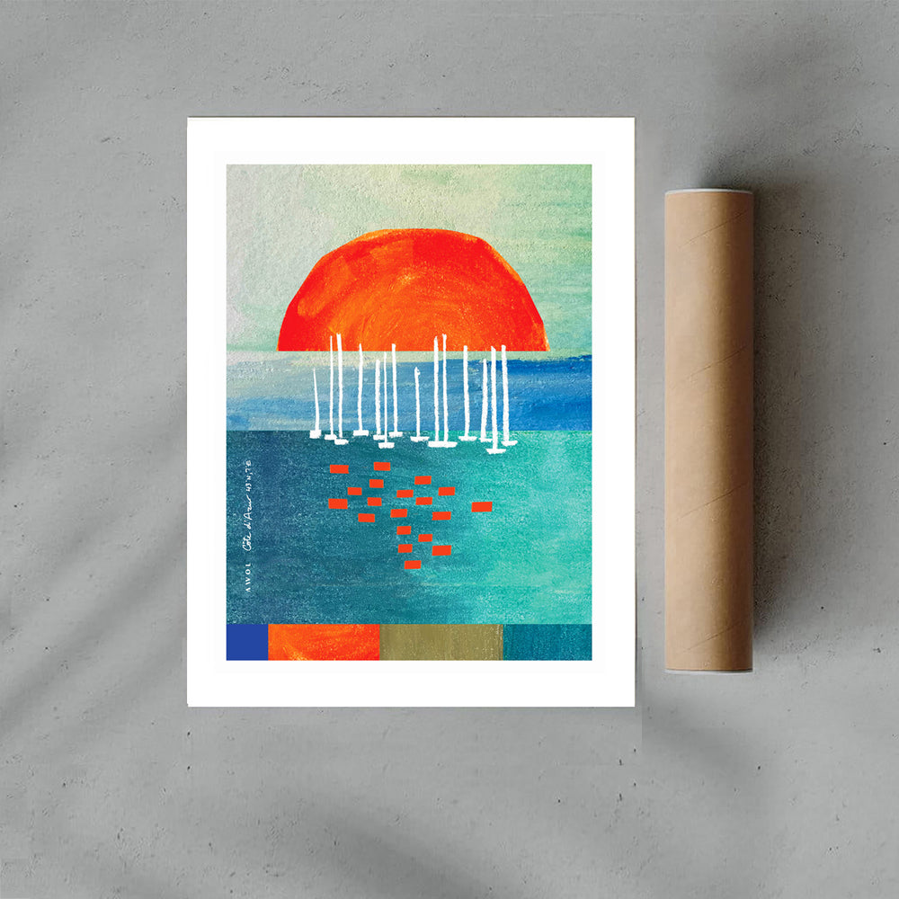 Orange Sunrise Over Blue Sea, Water Reflections And Sailboats: Poster Print