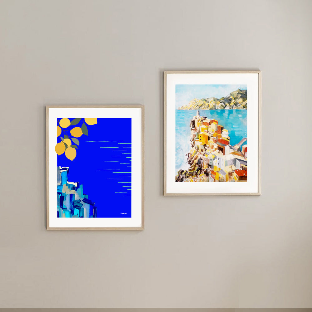 
                      
                        Mediterranean Blues: Landscape Art With Lemons By The Sea, Wooden Framed Art Print
                      
                    