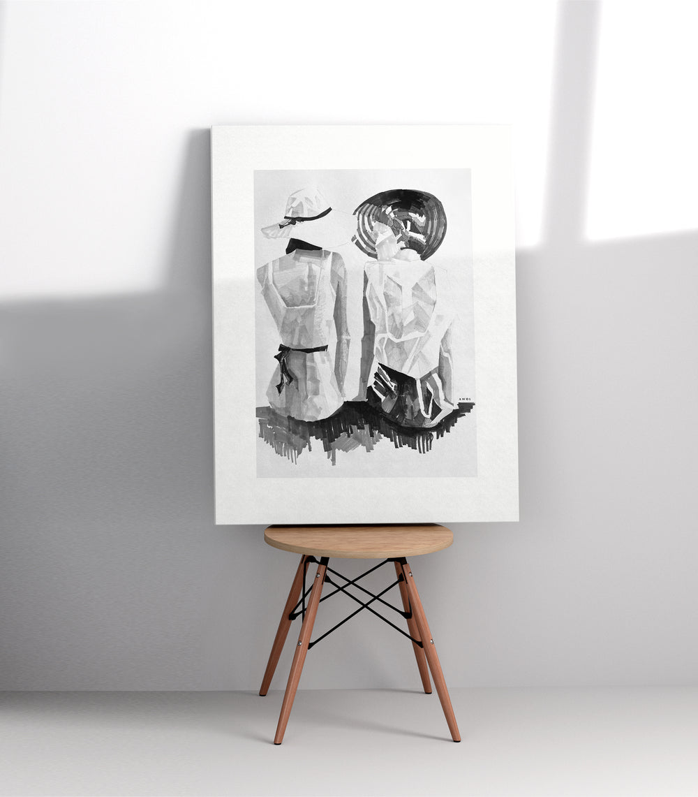 Women Sitting By The Sea: Black and White Large Canvas Art Print