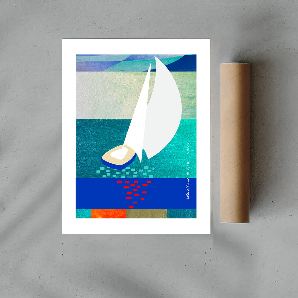 White Sailboat At Sunset On The Sea With Graphic Reflection: French Rivera Classic Matte Paper Poster