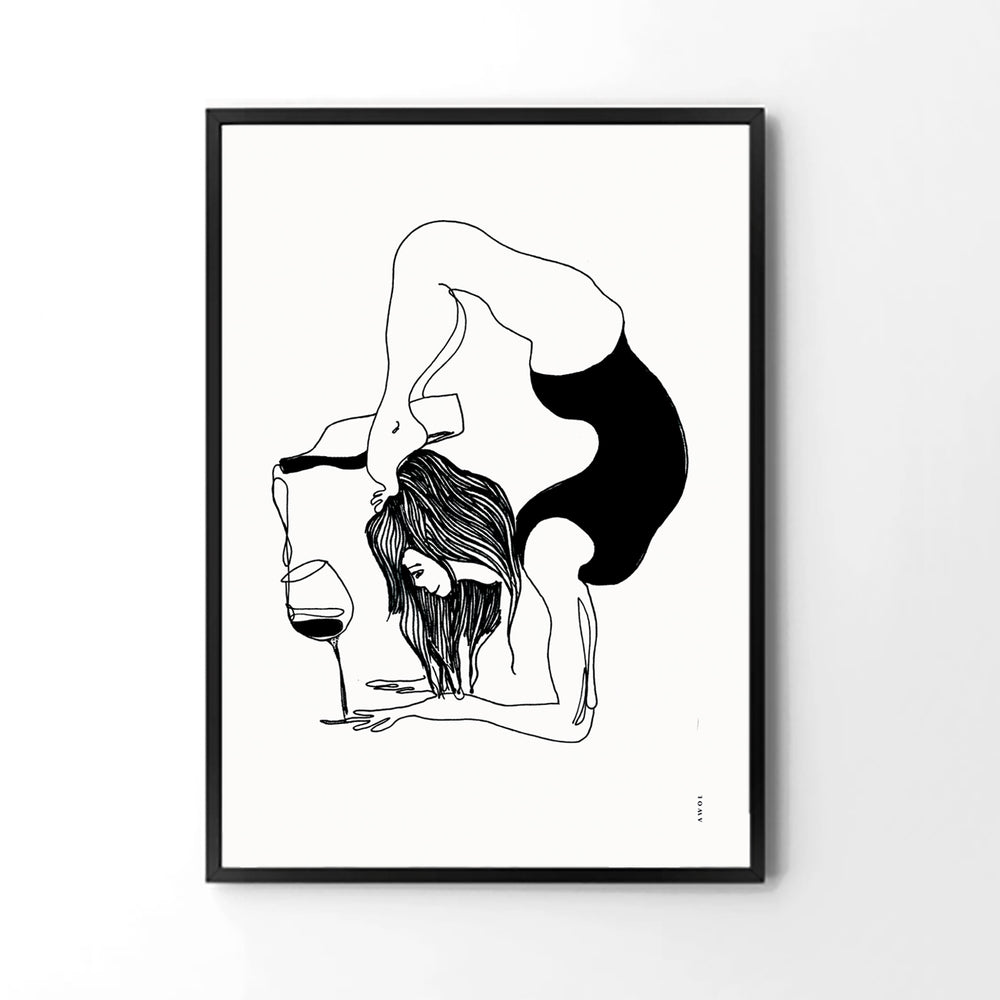 
                      
                        Funny Black And White Yoga Art Print In Wooden Frame With Wine And Balance Yoga Pose
                      
                    