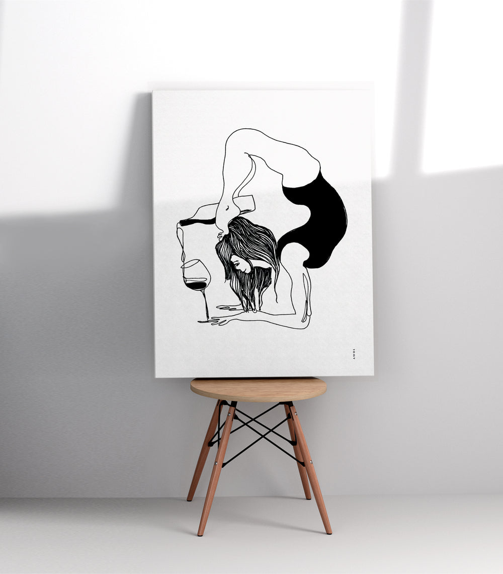 Funny Yoga Art On Canvas:  Minimalist Art Of Yoga Pose On Canvas With Wine