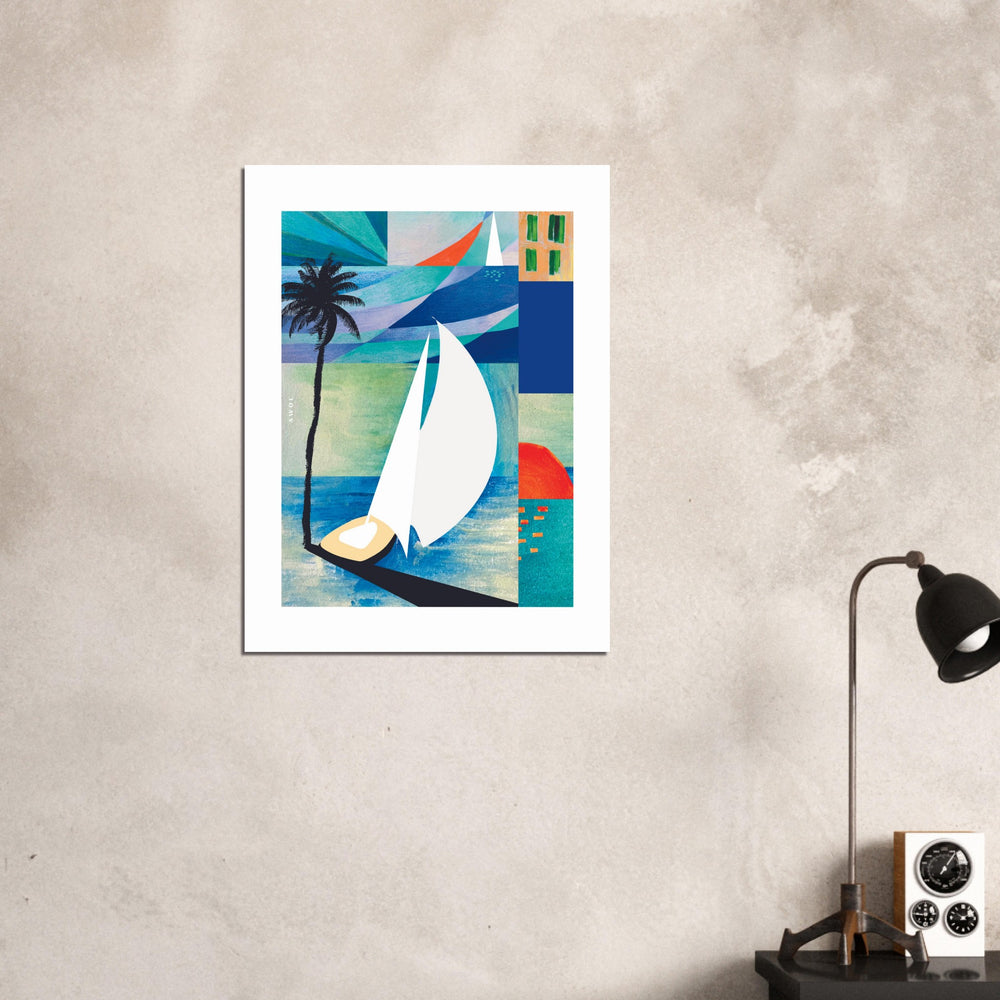 
                      
                        White Sailboat On Blue Sea At Sunrise, Palm Tree Art Print On Aluminum
                      
                    