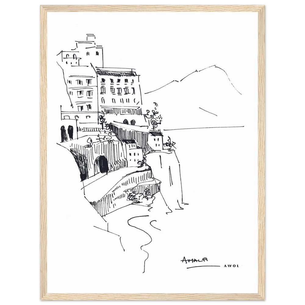 
                      
                        Amalfi Coast, Italy Travel Poster: Black And White Framed Art Print
                      
                    