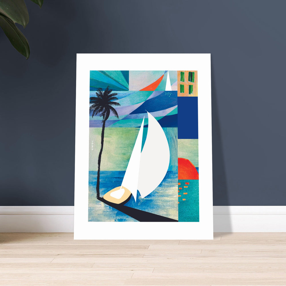 
                      
                        White Sailboat On Blue Sea At Sunrise, Palm Tree Art Print On Aluminum
                      
                    