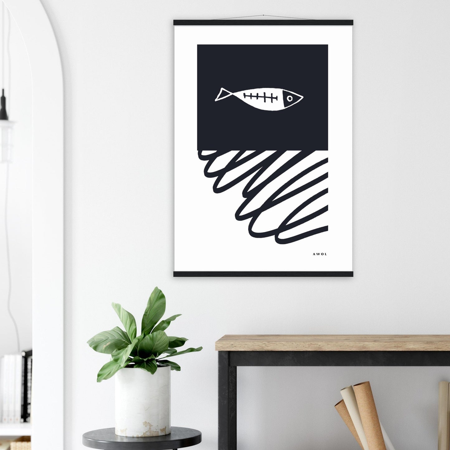 Black And White Abstract Wall Art With Fish And Minimalist Lines: Poster with Hanger - Creations Awol