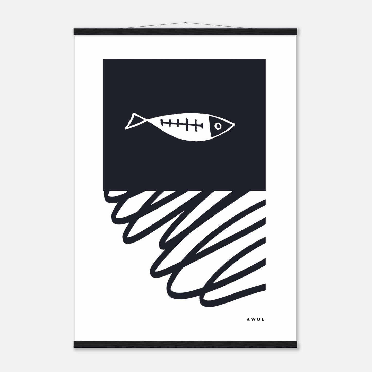 Black And White Abstract Wall Art With Fish And Minimalist Lines: Poster with Hanger - Creations Awol