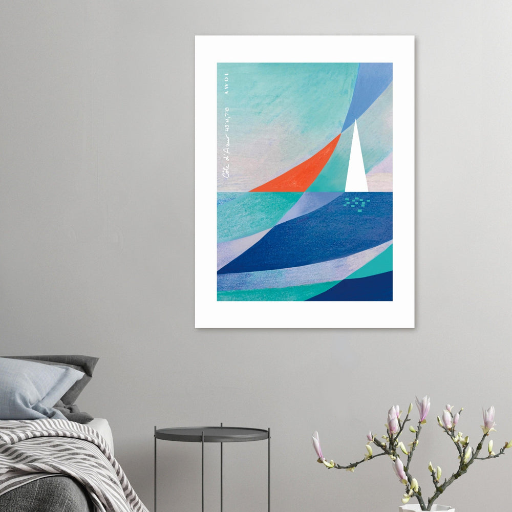 Blue Abstract Art With White Sailboat And Sunrise On the Mediterranean Sea: Poster Print - Creations Awol