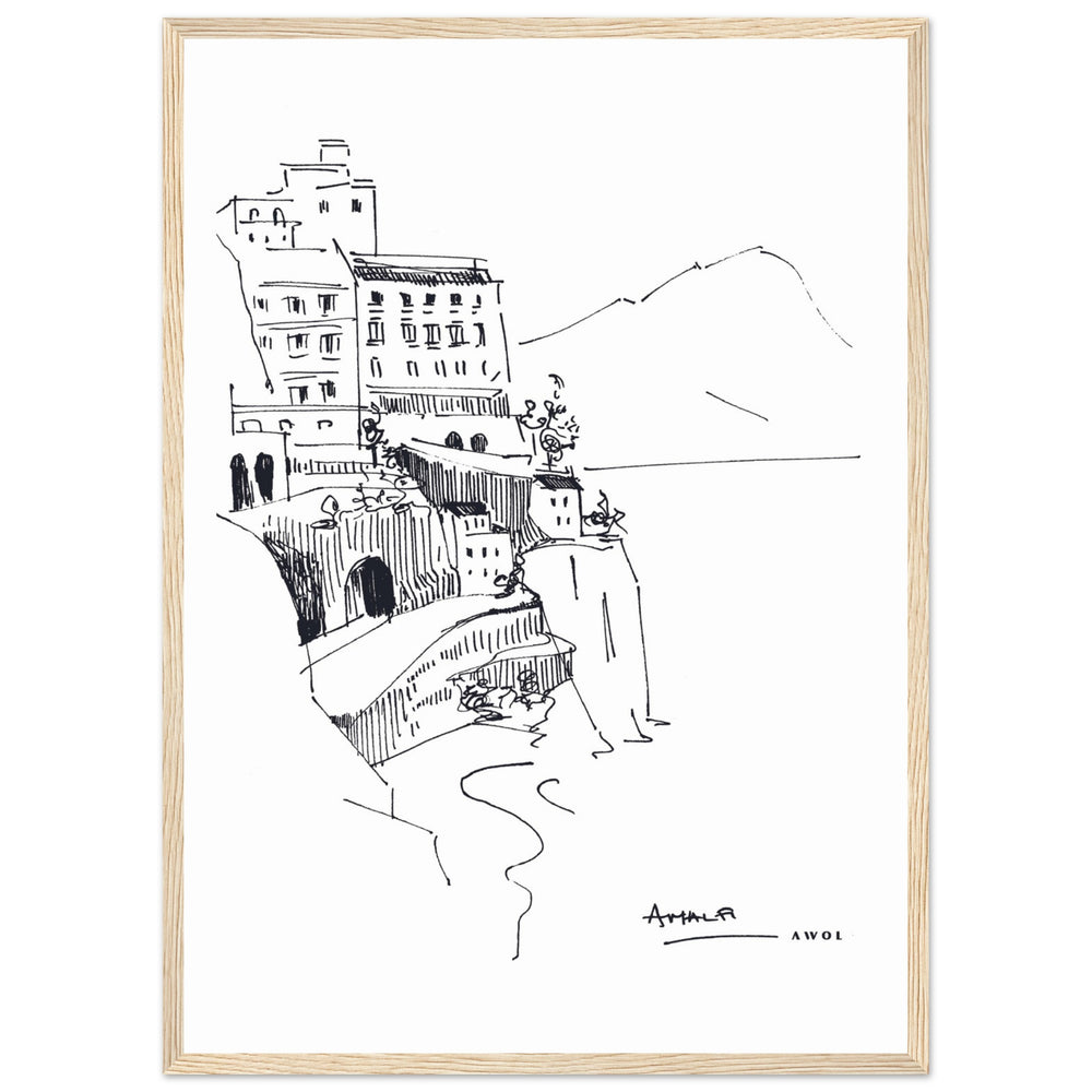 
                      
                        Amalfi Coast, Italy Travel Poster: Black And White Framed Art Print
                      
                    