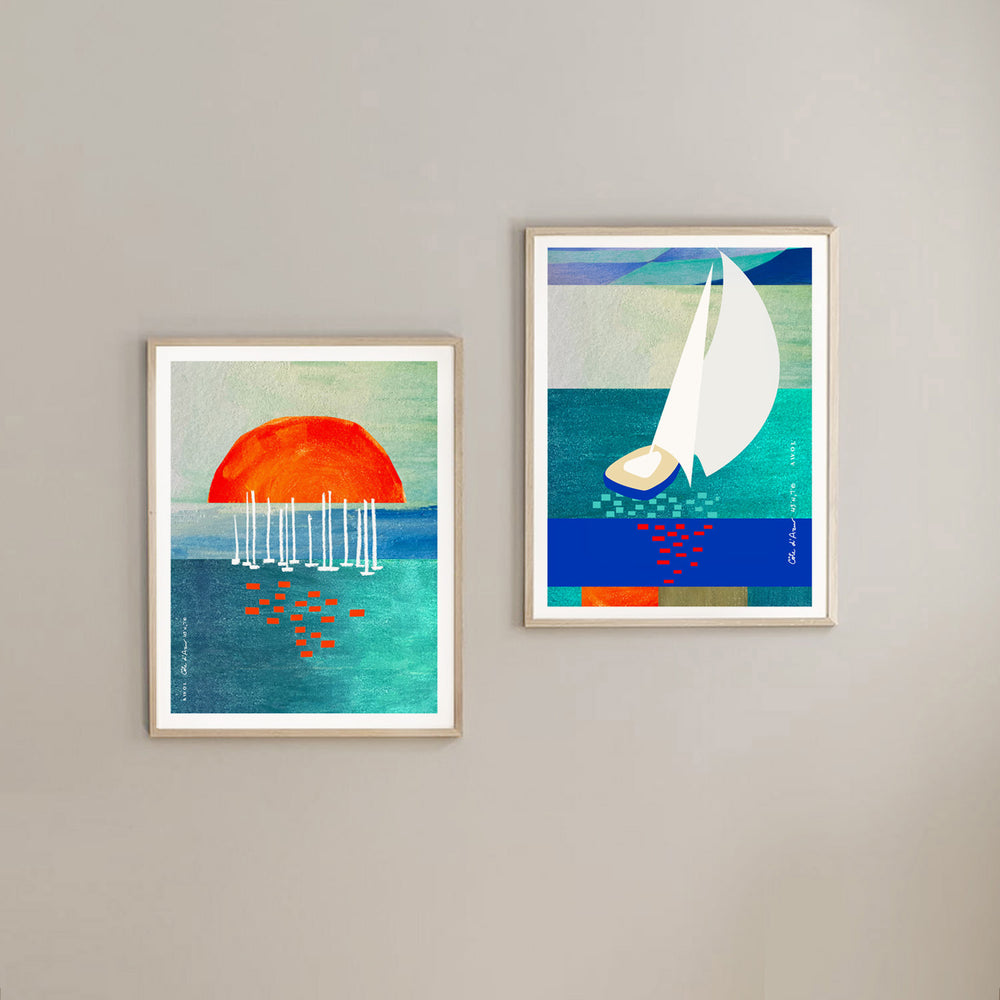 
                      
                        White Sailboat At Sunset On The Sea With Graphic Reflection: French Rivera Classic Matte Paper Poster
                      
                    