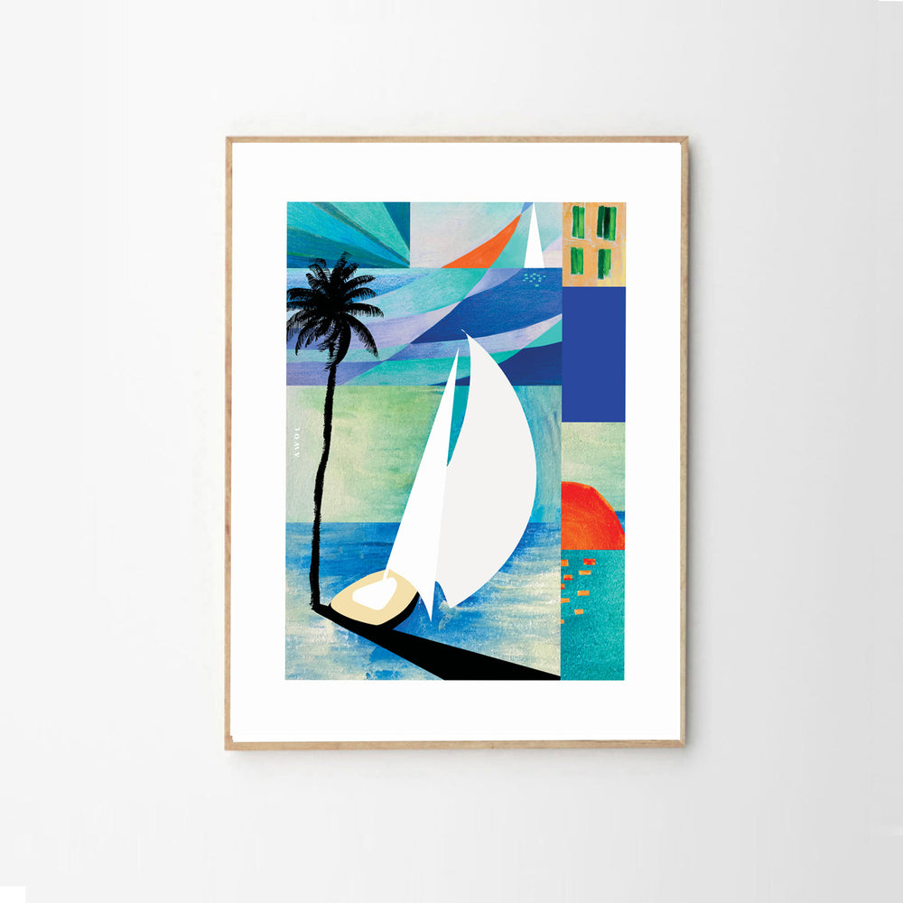 
                      
                        White Sailboat On Blue Sea At Sunrise, Palm Tree Art Print On Aluminum
                      
                    