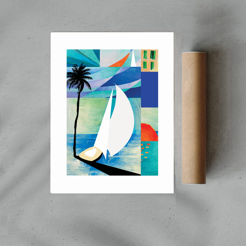 
                      
                        White Sailboat On Blue Sea At Sunrise, Palm Tree Art Print On Aluminum
                      
                    