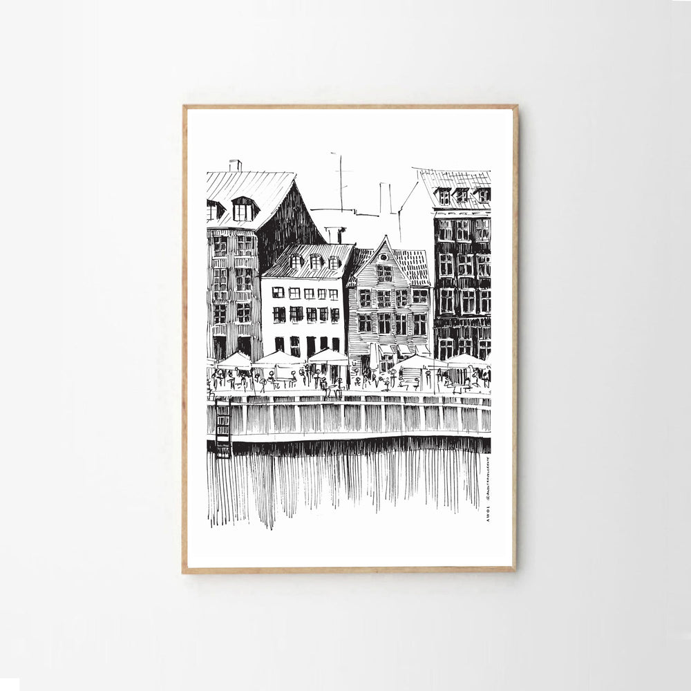 Saturday Afternoon With Cafés And Historic Houses In Copenhagen, Wooden Framed Art Print On Premium Paper