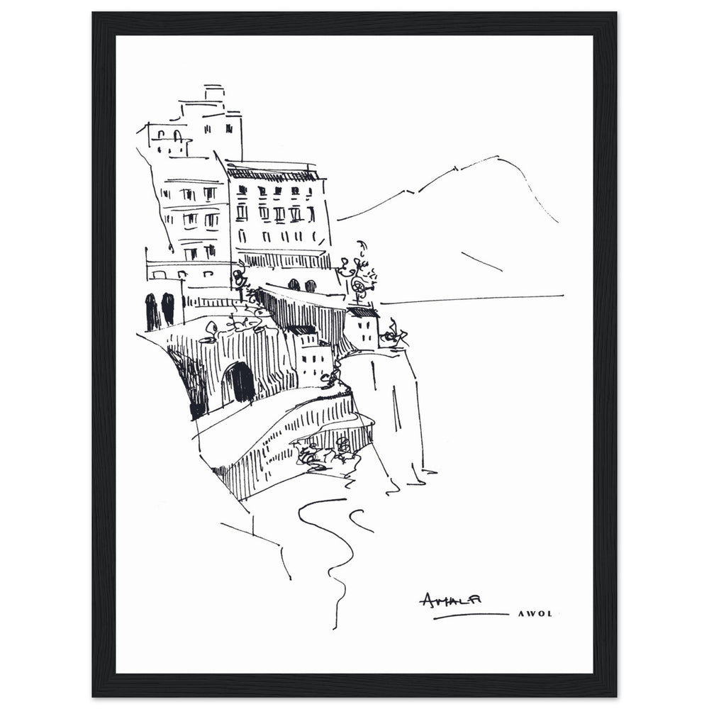 
                      
                        Amalfi Coast, Italy Travel Poster: Black And White Framed Art Print
                      
                    