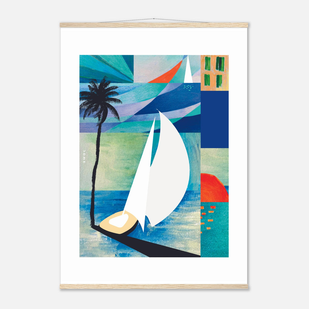 Colourful Sailing Art: Sea, Palm Tree And Orange Sun: Travel Poster with Hanger