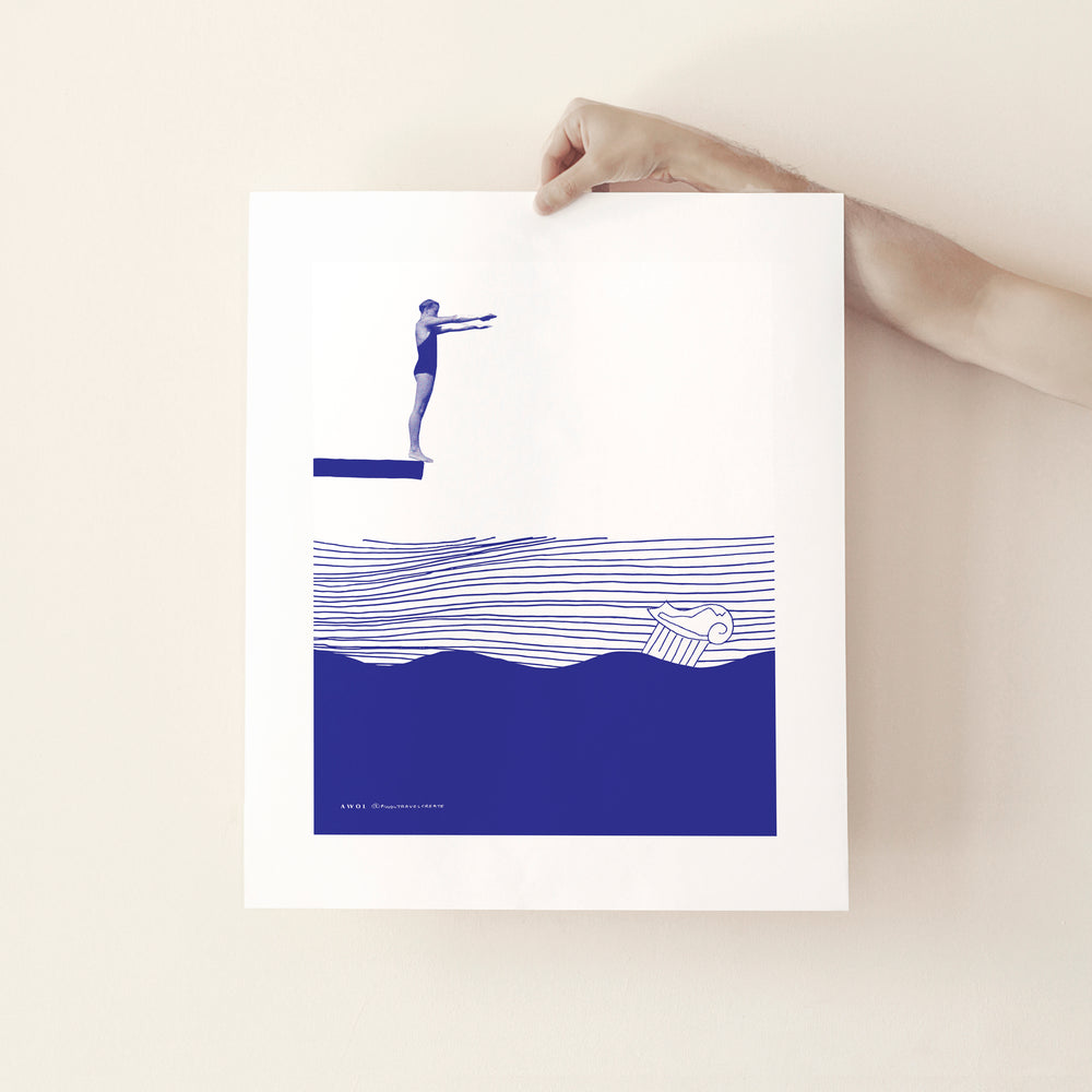 Retro Woman Diving Into The Sea: Mediterranean Travel Poster Print