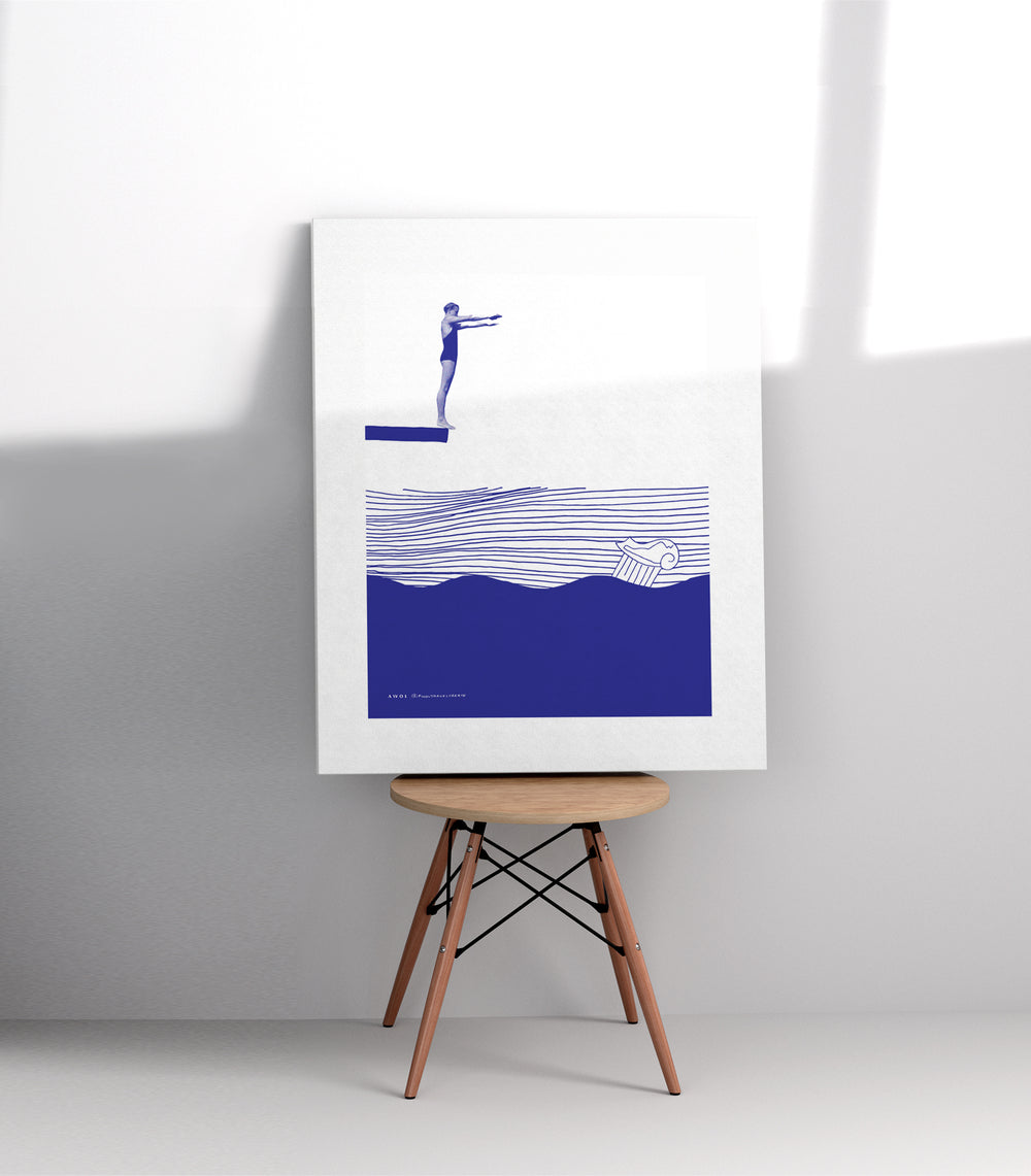 Mediterranean Beach Art, Diving Into The Blue Sea: Art Print On Canvas